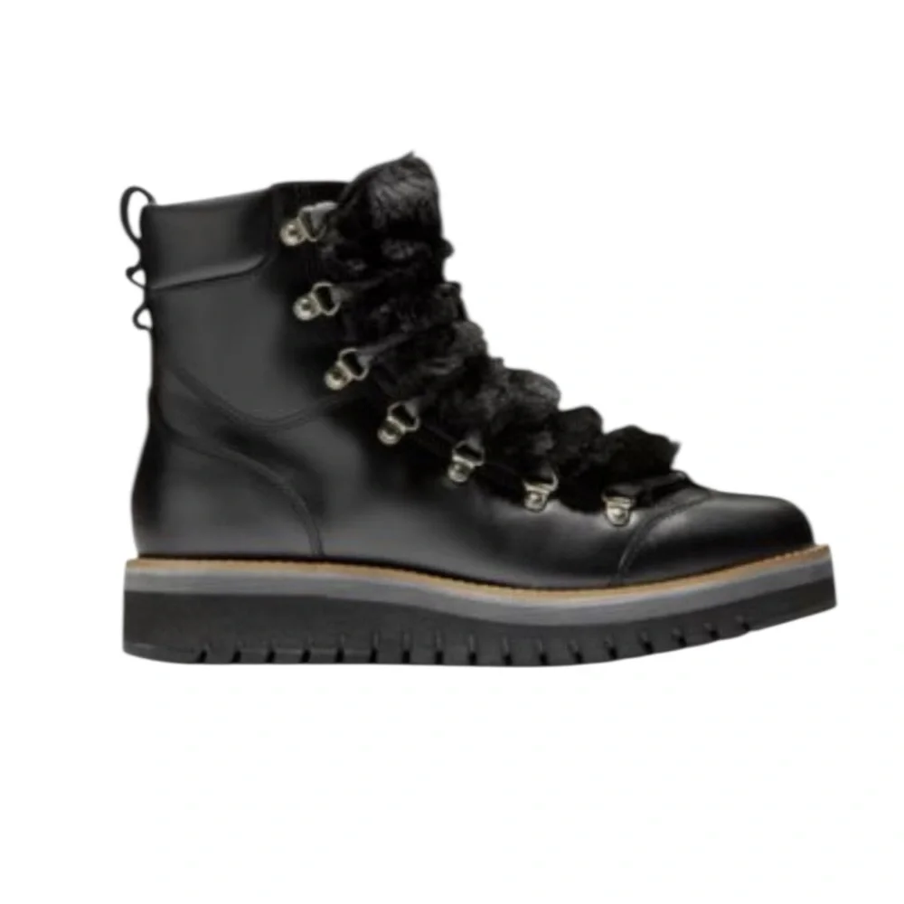 Cole Haan Women’s Zerogrand Lodge Hiker Boots Faux Fur Trim Winter Boots Leather